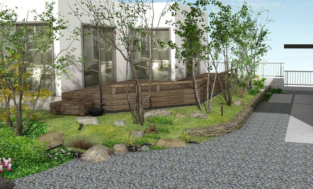 デッキ前の芝生法面