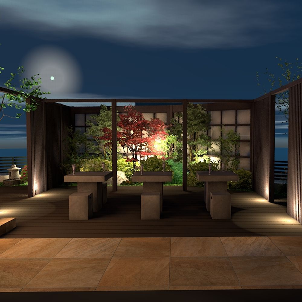 エクステリア　和庭　夜のパース