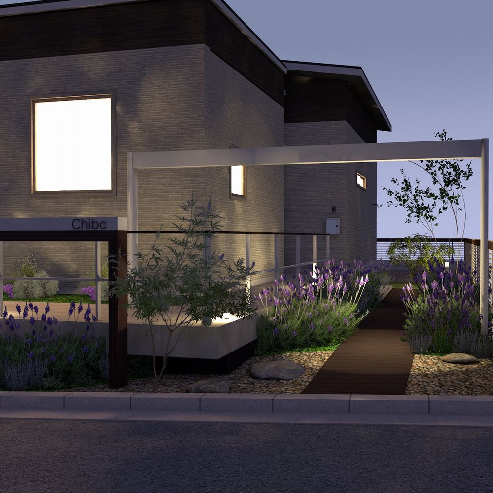 夜景　シンプル外構