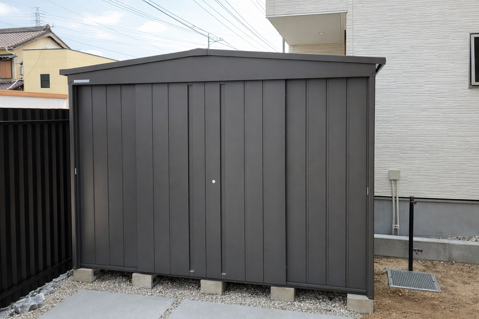 シンプルな”見せる”物置　西尾市新築外構